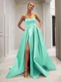 Ball-Gown Strapless Sleeveless Glam Sweep Train Satin Prom Dress With Sequins