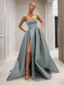 Ball-Gown Strapless Sleeveless Glam Sweep Train Satin Prom Dress With Sequins