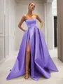 Ball-Gown Strapless Sleeveless Glam Sweep Train Satin Prom Dress With Sequins