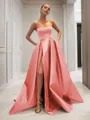 Ball-Gown Strapless Sleeveless Glam Sweep Train Satin Prom Dress With Sequins