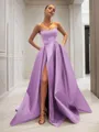 Ball-Gown Strapless Sleeveless Glam Sweep Train Satin Prom Dress With Sequins