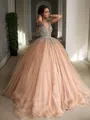 Ball-Gown Princess V-Neck Sleeveless Floor-Length Tulle Flowy Prom Dress With Sequins
