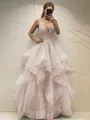 A-line Princess Classic V-Neck Sleeveless Floor-Length Tulle Corset Prom Dress With Sequins