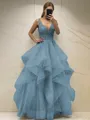 A-line Princess Classic V-Neck Sleeveless Floor-Length Tulle Corset Prom Dress With Sequins