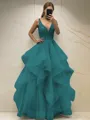 A-line Princess Classic V-Neck Sleeveless Floor-Length Tulle Corset Prom Dress With Sequins