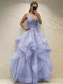 A-line Princess Classic V-Neck Sleeveless Floor-Length Tulle Corset Prom Dress With Sequins