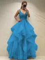 A-line Princess Classic V-Neck Sleeveless Floor-Length Tulle Corset Prom Dress With Sequins