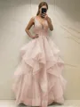 A-line Princess Classic V-Neck Sleeveless Floor-Length Tulle Corset Prom Dress With Sequins