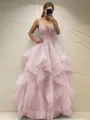 A-line Princess Classic V-Neck Sleeveless Floor-Length Tulle Corset Prom Dress With Sequins