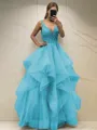A-line Princess Classic V-Neck Sleeveless Floor-Length Tulle Corset Prom Dress With Sequins