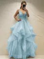 A-line Princess Classic V-Neck Sleeveless Floor-Length Tulle Corset Prom Dress With Sequins