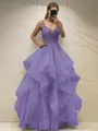 A-line Princess Classic V-Neck Sleeveless Floor-Length Tulle Corset Prom Dress With Sequins