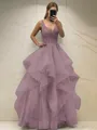 A-line Princess Classic V-Neck Sleeveless Floor-Length Tulle Corset Prom Dress With Sequins