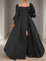 A-line Square Long Sleeves Timeless Floor-Length Satin Corset Prom Dress With Sequins