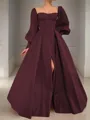A-line Square Long Sleeves Timeless Floor-Length Satin Corset Prom Dress With Sequins