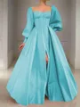 A-line Square Long Sleeves Timeless Floor-Length Satin Corset Prom Dress With Sequins