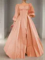 A-line Square Long Sleeves Timeless Floor-Length Satin Corset Prom Dress With Sequins