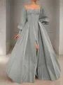 A-line Square Long Sleeves Timeless Floor-Length Satin Corset Prom Dress With Sequins