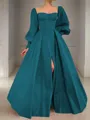 A-line Square Long Sleeves Timeless Floor-Length Satin Corset Prom Dress With Sequins