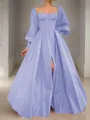 A-line Square Long Sleeves Timeless Floor-Length Satin Corset Prom Dress With Sequins
