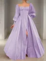 A-line Square Long Sleeves Timeless Floor-Length Satin Corset Prom Dress With Sequins