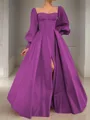 A-line Square Long Sleeves Timeless Floor-Length Satin Corset Prom Dress With Sequins