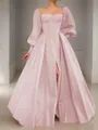 A-line Square Long Sleeves Timeless Floor-Length Satin Corset Prom Dress With Sequins