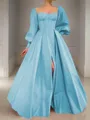 A-line Square Long Sleeves Timeless Floor-Length Satin Corset Prom Dress With Sequins