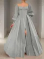 A-line Square Long Sleeves Timeless Floor-Length Satin Corset Prom Dress With Sequins