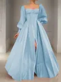 A-line Square Long Sleeves Timeless Floor-Length Satin Corset Prom Dress With Sequins