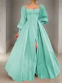 A-line Square Long Sleeves Timeless Floor-Length Satin Corset Prom Dress With Sequins