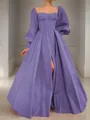 A-line Square Long Sleeves Timeless Floor-Length Satin Corset Prom Dress With Sequins