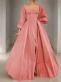 A-line Square Long Sleeves Timeless Floor-Length Satin Corset Prom Dress With Sequins