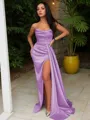 Sheath/Column Strapless Sleeveless Sweep Train Sultry Silk like Satin Corset Prom Dress With Sequins