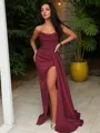 Sheath/Column Strapless Sleeveless Sweep Train Sultry Silk like Satin Corset Prom Dress With Sequins