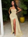 Sheath/Column Strapless Sleeveless Sweep Train Sultry Silk like Satin Corset Prom Dress With Sequins