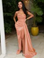 Sheath/Column Strapless Sleeveless Sweep Train Sultry Silk like Satin Corset Prom Dress With Sequins