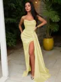 Sheath/Column Strapless Sleeveless Sweep Train Sultry Silk like Satin Corset Prom Dress With Sequins