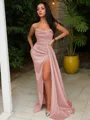 Sheath/Column Strapless Sleeveless Sweep Train Sultry Silk like Satin Corset Prom Dress With Sequins