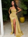 Sheath/Column Strapless Sleeveless Sweep Train Sultry Silk like Satin Corset Prom Dress With Sequins