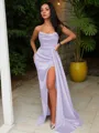 Sheath/Column Strapless Sleeveless Sweep Train Sultry Silk like Satin Corset Prom Dress With Sequins