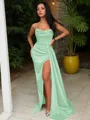 Sheath/Column Strapless Sleeveless Sweep Train Sultry Silk like Satin Corset Prom Dress With Sequins