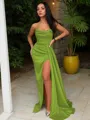 Sheath/Column Strapless Sleeveless Sweep Train Sultry Silk like Satin Corset Prom Dress With Sequins