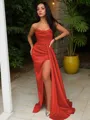Sheath/Column Strapless Sleeveless Sweep Train Sultry Silk like Satin Corset Prom Dress With Sequins