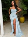 Sheath/Column Strapless Sleeveless Sweep Train Sultry Silk like Satin Corset Prom Dress With Sequins