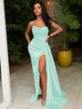 Sheath/Column Strapless Sleeveless Sweep Train Sultry Silk like Satin Corset Prom Dress With Sequins