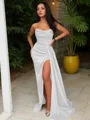 Sheath/Column Strapless Sleeveless Sweep Train Sultry Silk like Satin Corset Prom Dress With Sequins