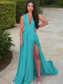 A-line V-Neck Sleeveless Sweep Train Modest Silk like Satin Prom Dress With Sequins
