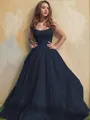 A-line Princess Square Sleeveless Stylish Floor-Length Tulle Prom Dress With Ruffles