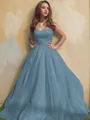 A-line Princess Square Sleeveless Stylish Floor-Length Tulle Prom Dress With Ruffles